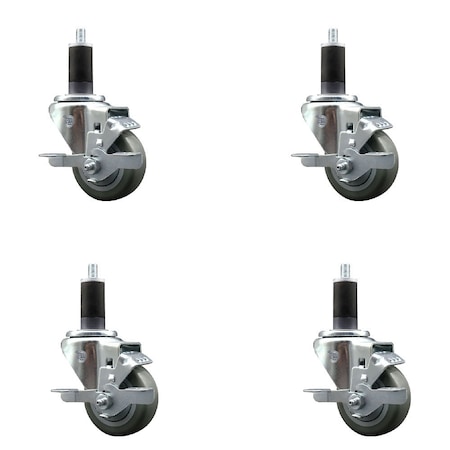 Service Caster 3'' SS Gray Poly Swivel 1-1/4'' Expanding Stem Caster Set with Brake, 4PK SCC-SSEX20S314-PPUB-TLB-114-4